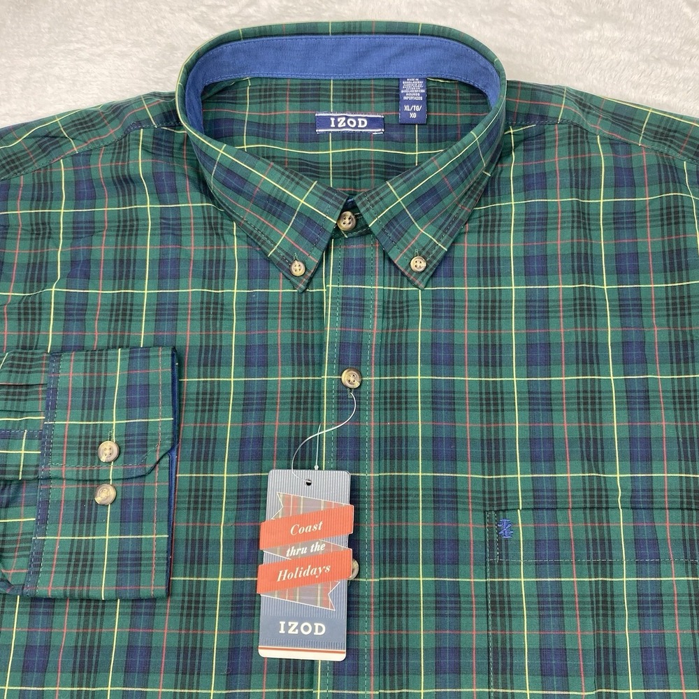 IZOD Shirt Mens XL Green/Red Plaid Long Sleeves‎ NWT!